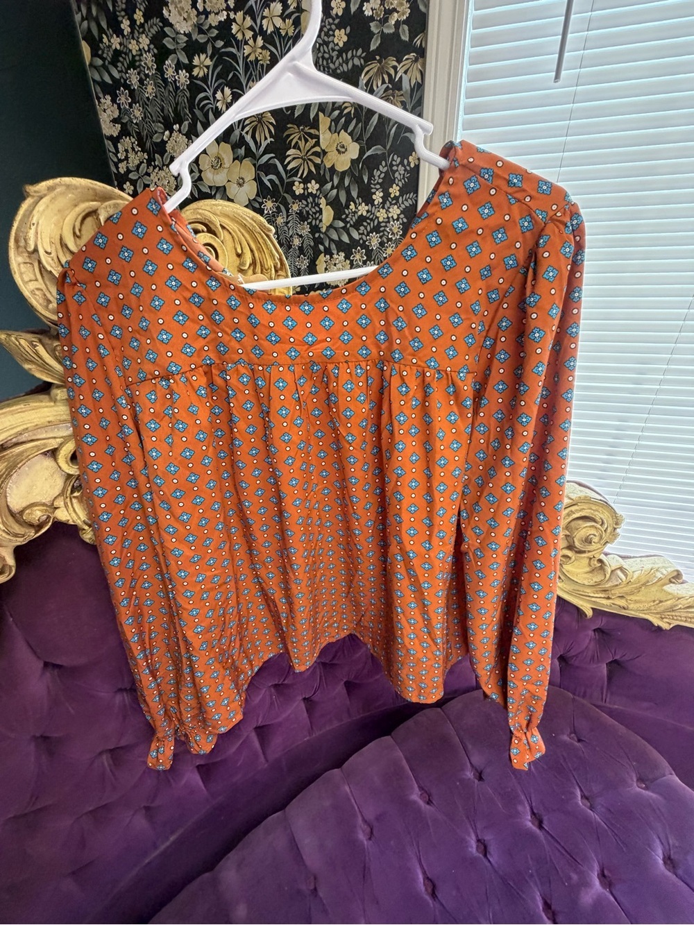 Women's Orange Printed Long-Sleeve Peasant Top